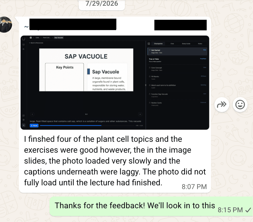 ISL student message reporting a bug in a plant-cell lecture, with Sukrat's reply eight minutes later